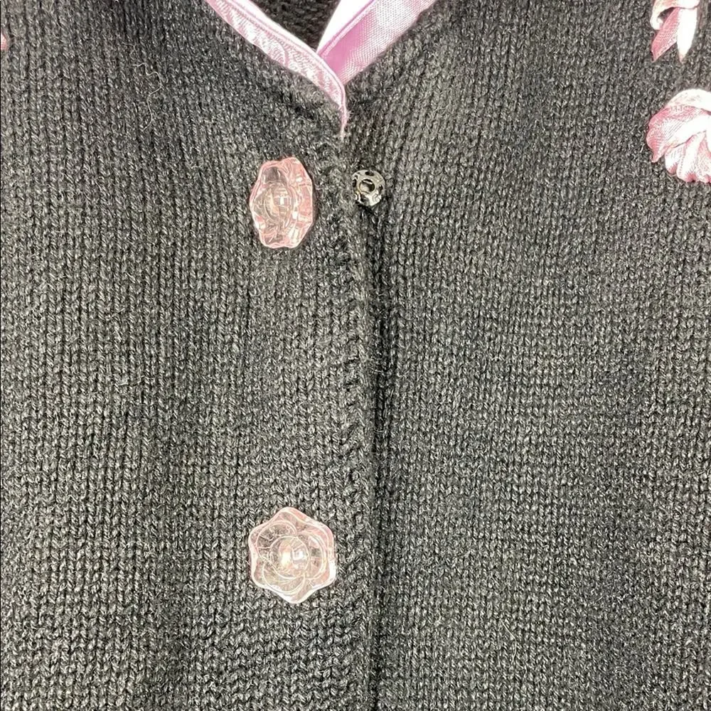 Storybook Knit Vtg Black Button Cardigan Sweater Pink Embroidery Satin Trim L